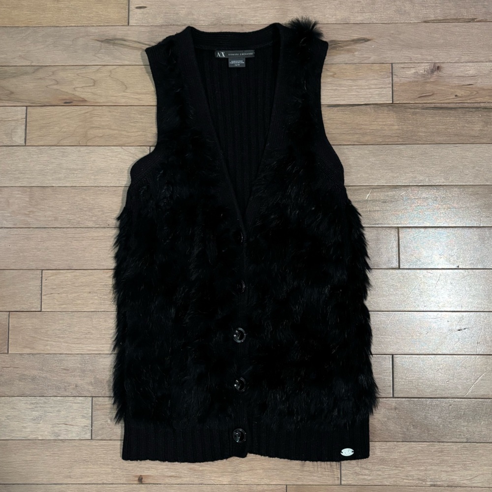 Black Angora Rabbit Fur Vest Armani Exchange XS cotton and wool knit
